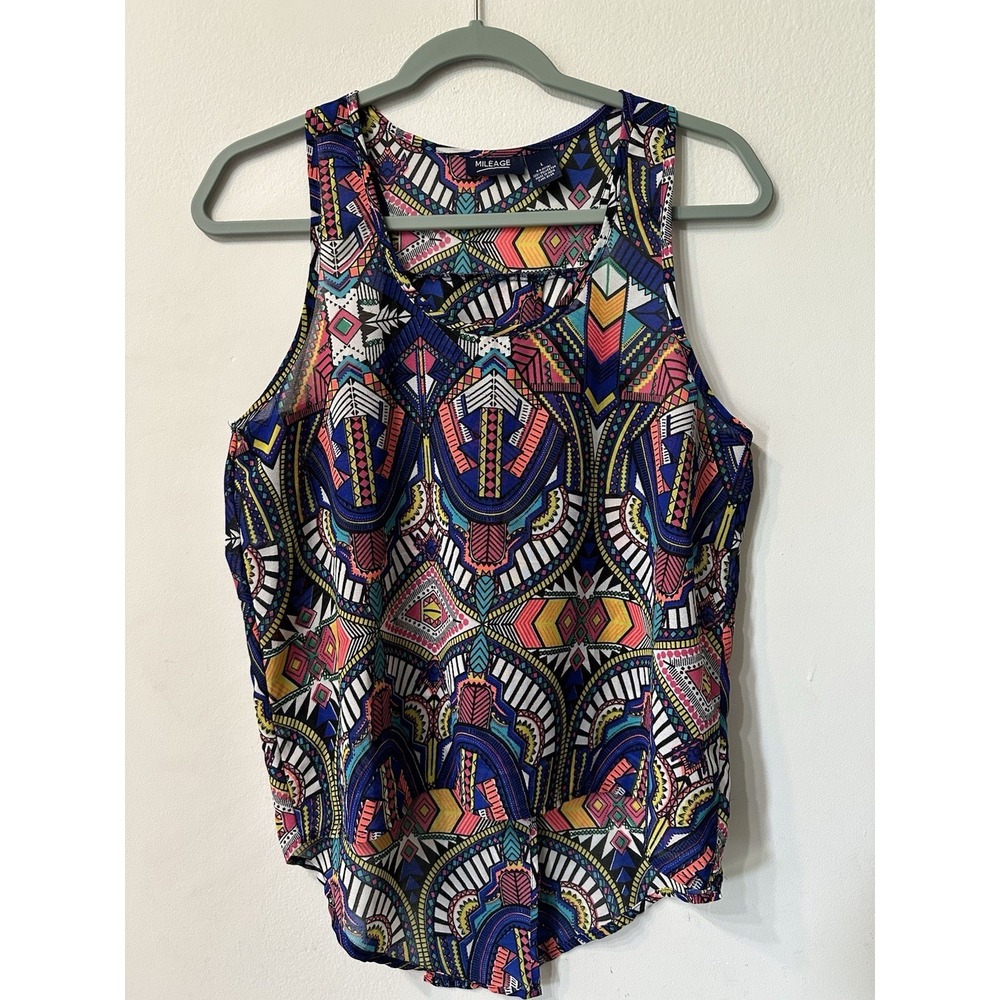 Mileage Women L Tank Top Tribal Geometric Print Sheer Sleeveless Open Back Boho